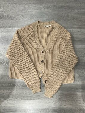 Cropped V-Neck Button Cardigan Sweater - Beige